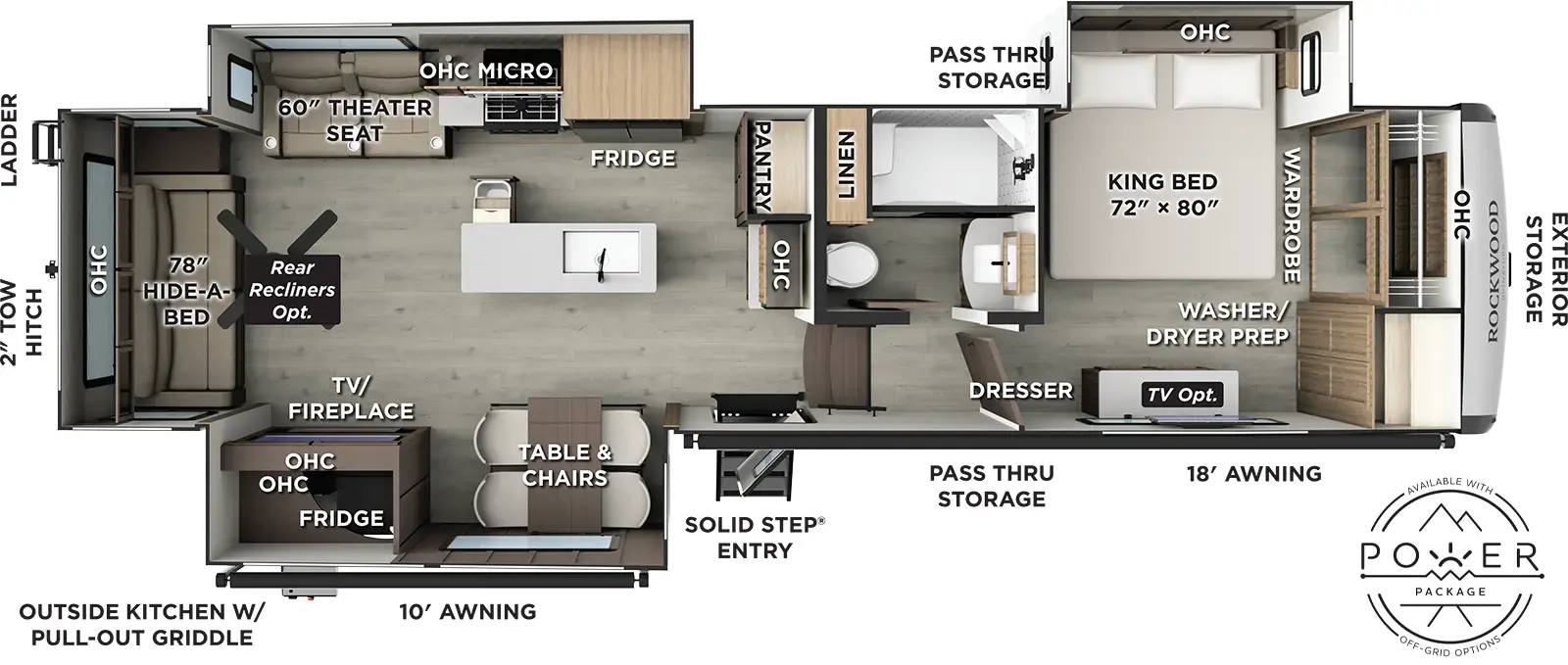 The Rockwood Signature Fifth Wheels R372RL floorplan has one entry and three slide outs. Exterior features include: fiberglass exterior, 10' & 18' awning and outside kitchen. Interiors features include: kitchen island, front bedroom and rear living.